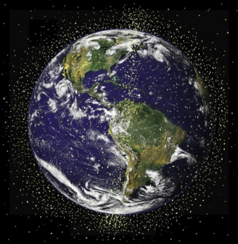 Representación artística de los desechos y satélites en órbita alrededor de la Tierra.