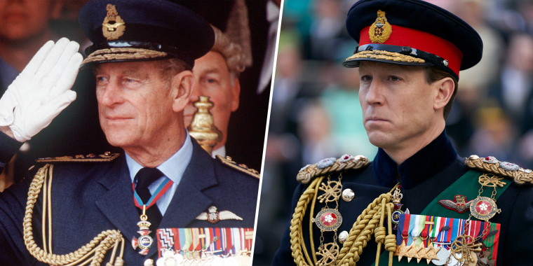 (L) Prince Philip watches the Gulf Forces parade At Mansion House on June 21, 1991. (R) Tobias Menzies as Prince Philip in The Crown.