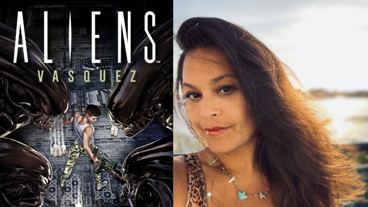 La portada del libro "Aliens: Vasquez", parte de la saga Alien de James Cameron, y la fotografía de una mujer latina frente al mar. Es la autora Violet Castro