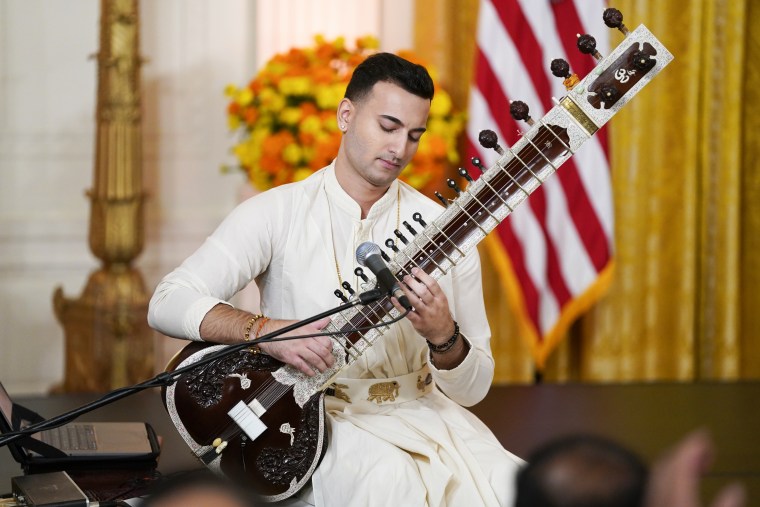 A sitar player performs before President Joe Biden arrives during an event to celebrate Diwali at the White House on  October 24, 2022 in Washington.