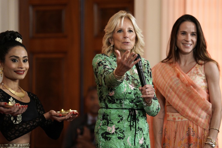 U.S. First lady Jill Biden next to her daughter Ashley (R) as they celebrate Diwali at the White House in Washington on October 24, 2022.