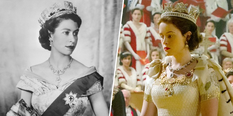 (Left)  Queen Elizabeth II in 1952. (Right) Claire Foy as Queen Elizabeth in "The Crown."
