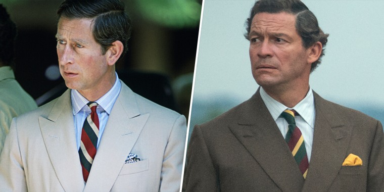 (Left) Prince Charles in 1990. (Right) Dominic West as Prince Charles in Season Five of "The Crown."