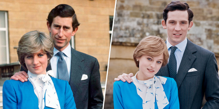 (Left) Princess Diana with future husband Prince Charles following the announcement of their engagement in February 1981. (Right) Emma Corrin and Josh O'Connor in Season Four of "The Crown." 
