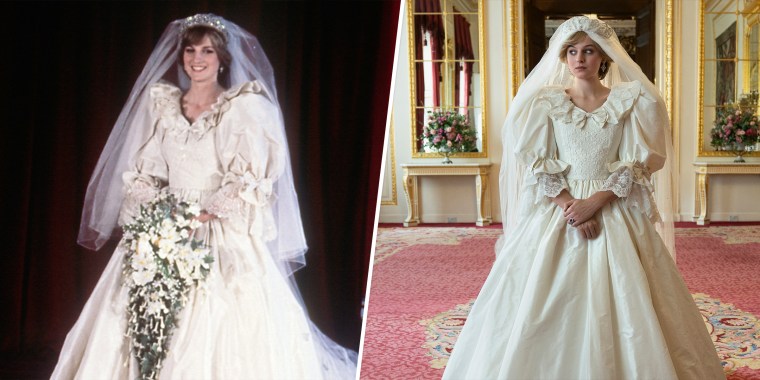 (Left) Diana, Princess of Wales, in her bridal dress on the day of her wedding to Prince Charles on July 29, 1981. (Right) Emma Corrin as Princess Diana in "The Crown."