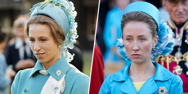 (Left) Princess Anne in Berlin for the queen's Birthday Parade on 1, June 1973. (Right) Erin Doherty as Princess Anne in "The Crown."