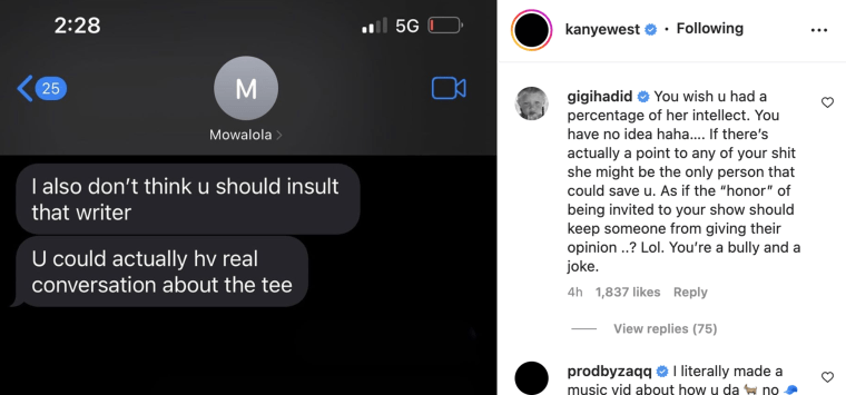 Gigi Hadid called out Ye's behavior in a since-deleted comment on the rapper and designer's Instagram page.