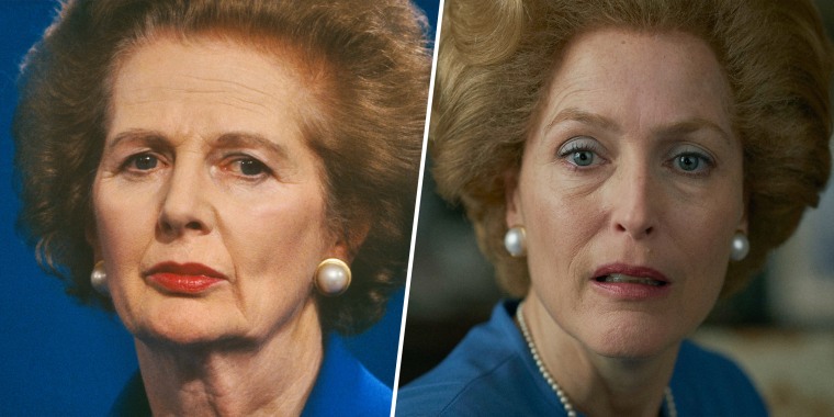 (Left) Prime Minster Margaret Thatcher at the 1990 Conservative Party Conference in Blackpool, England. (Right) Gillian Anderson as Margaret Thatcher in "The Crown."