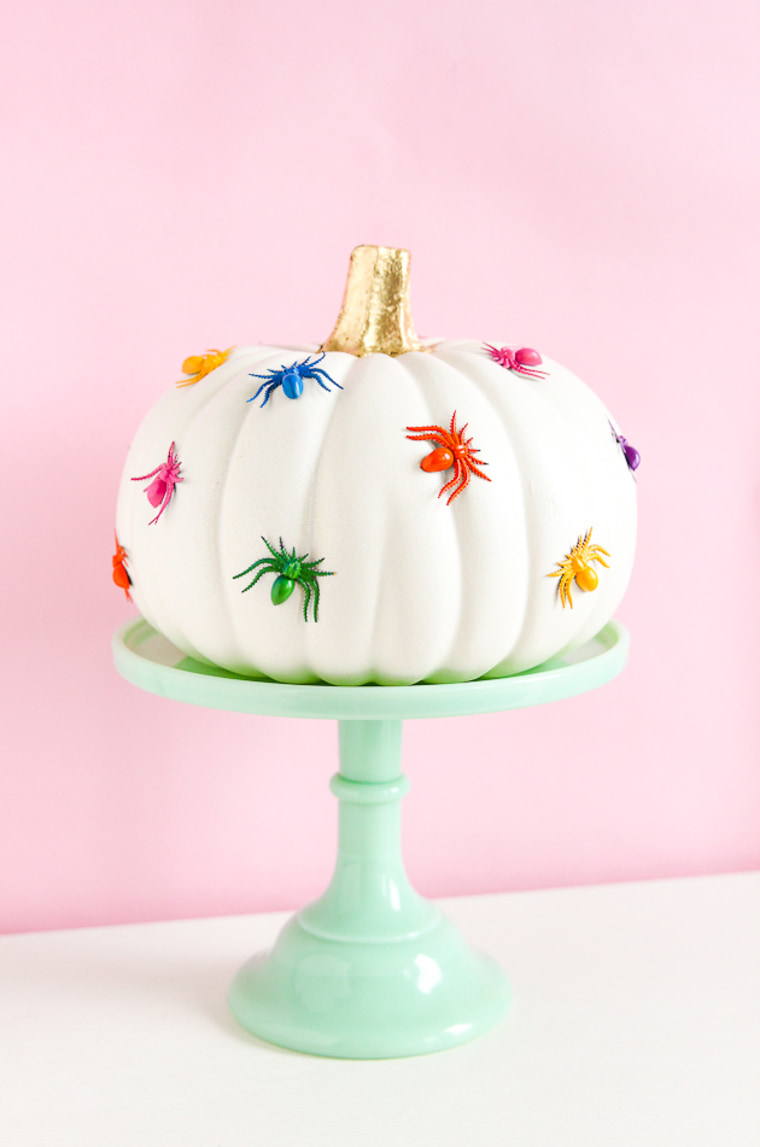 white pumpkin with colorful spiders