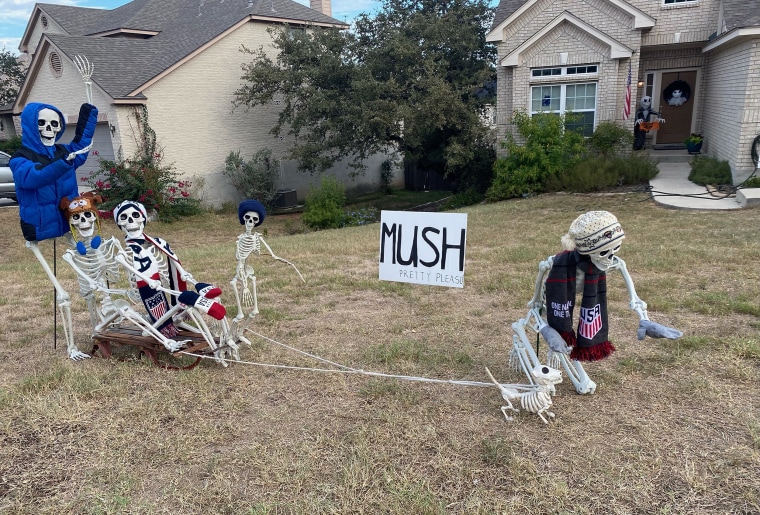  Dog sledding is just one of the Dinote family's daily Halloween set-ups.