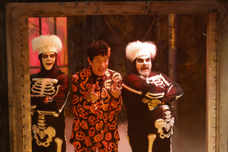 Mikey Day, Tom Hanks, and Bobby Moynihan during the “David S. Pumkpins” sketch on Saturday, October 29, 2022.