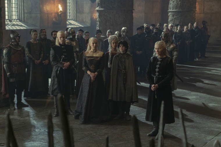 Princess Rhaenys, right, declares her support of Prince Lucerys, second from the right, to become the next Lord of the Tides as Laenor's "trueborn son."