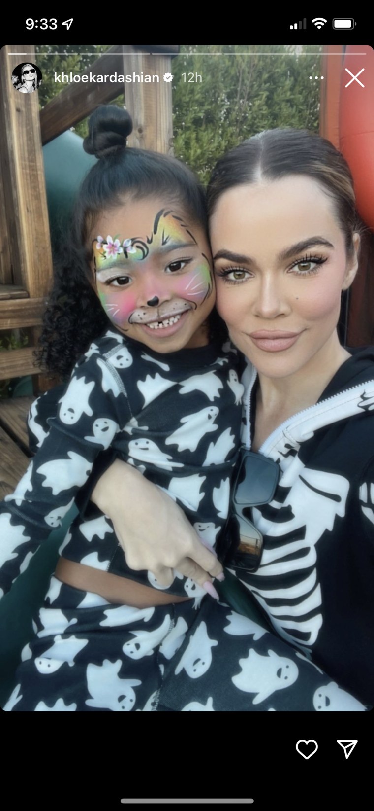 Khloe Kardashian and her daughter True Thompson in their Halloween-themed onesies.