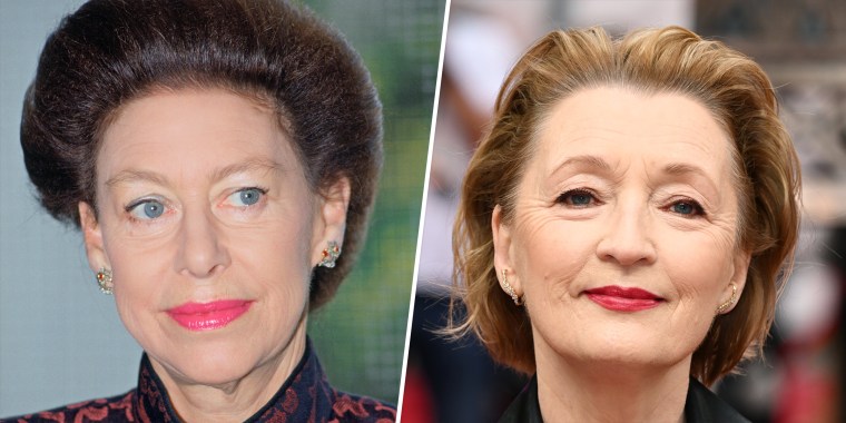 (L) Princess Margaret at the Horder Medical Center For Sufferers Of Arthritis.  (R) Lesley Manville as Elizabeth’s younger sister, Princess Margaret, Countess of Snowdon.