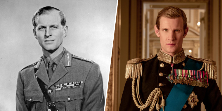(Left) Prince Philip in 1953. (Right) Matt Smith as Prince Philip in "The Crown."