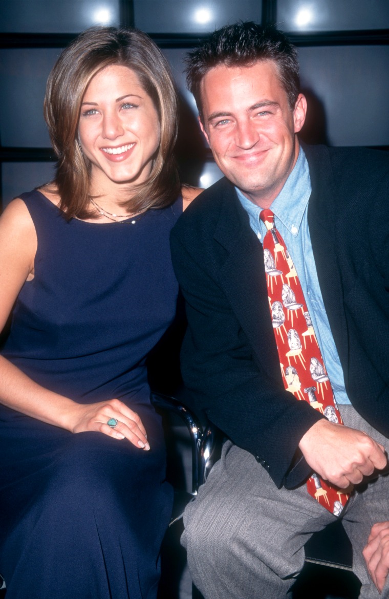 Jennifer Aniston and Matthew Perry attend the 1995 NBC Fall Preview in New York.
