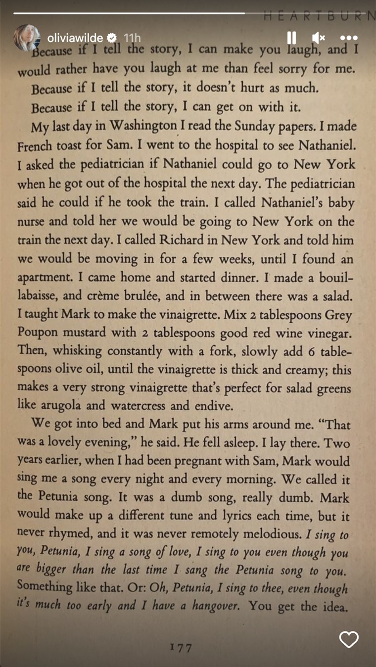 Wilde shared a photo from Nora Ephron's book "Heartburn" on her Instagram story.