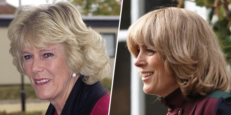 (R) Camilla Parker Bowles, arrives to open the Botnar Research Center on Oct. 22, 2003. (L) Olivia Williams as Camilla Parker Bowles, now queen consort.