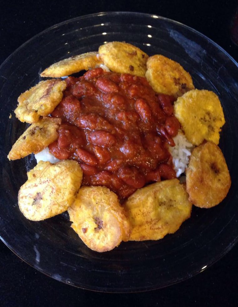 Another family favorite: red beans and rice with tostones. 