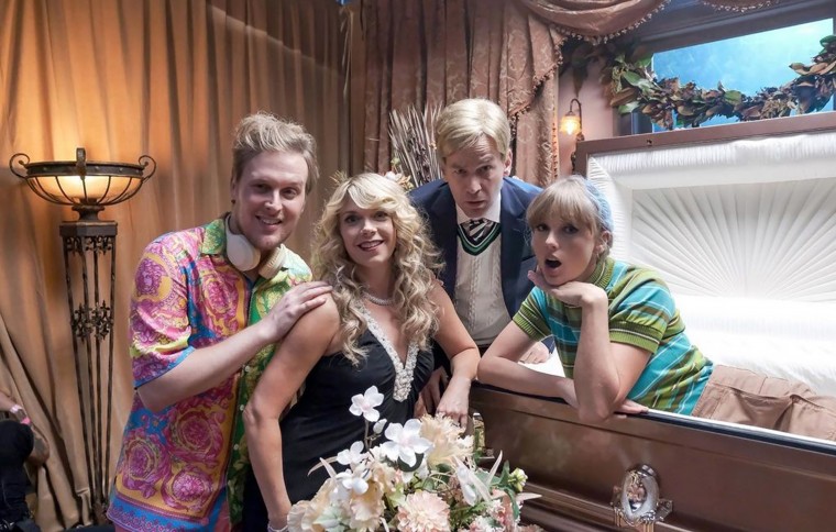John Early, Mary Elizabeth Ellis, and Mike Birbiglia with Taylor Swift on set of Swift's new music video "Anti-Hero."