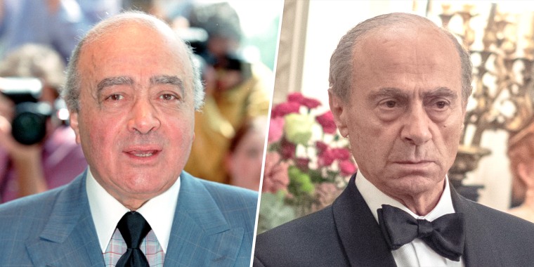 (Left) Mohamed Al-Fayed. (Right) Salim Daw in "The Crown." 
