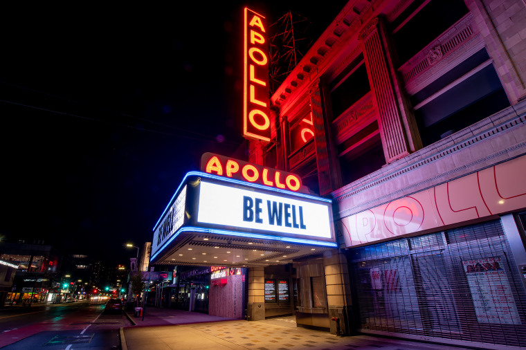 A view of the bright and historic Apollo Theater in Harlem, NYC.