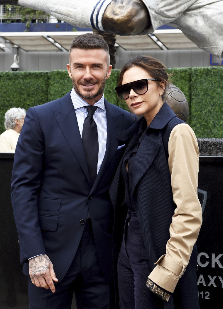 Victoria and David Beckham attend the unveiling of his statue outside the Dignity Health Sports Park in Carson, California, on March 2, 2019.
