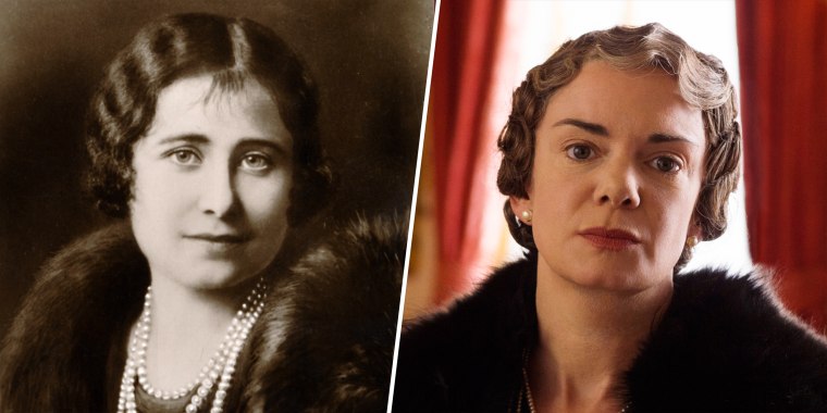 (Left) Queen Elizabeth circa 1936. (Right) Victoria Hamilton as Queen Elizabeth, the Queen Mother, on "The Crown."