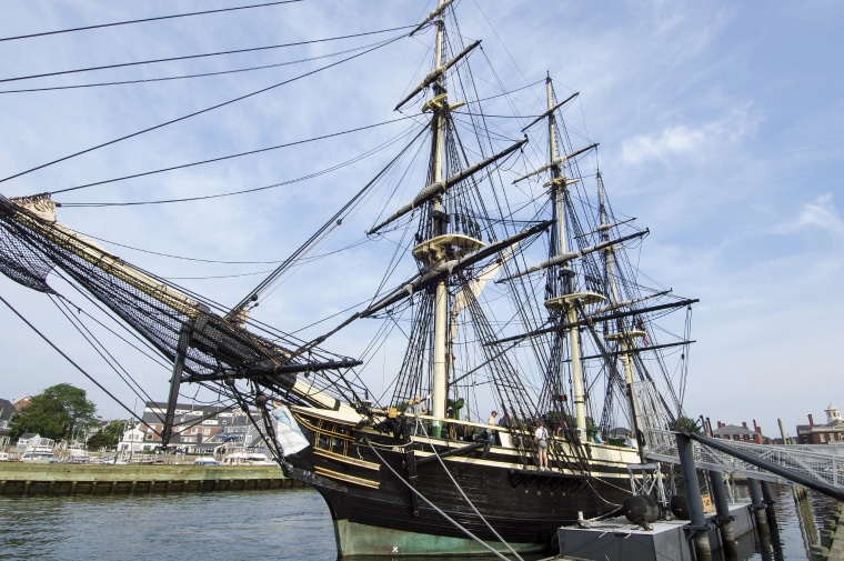 The replica tall ship, Friendship of Salem, docked at Derby Wharf in Salem, MA.