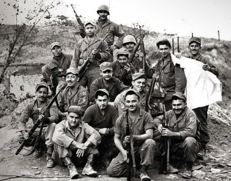 Members of the 65th Infantry Regiment, known as "the Borinqueneers," pose during the Korean War.