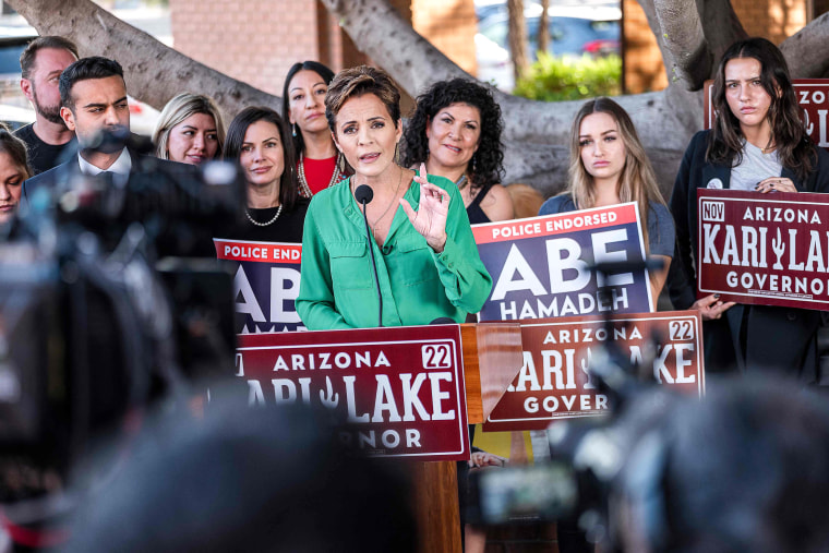 Republican nominee for governor Kari Lake holds a press conference in front of her campaign headquarters in Phoenix, on Oct. 27, 2022. - With less than two weeks to go before crucial US midterm elections, Republicans hope their narrative of a nation ravaged by inflation and crime will help them take back Congress and cripple the remaining two years of Joe Biden's presidency.