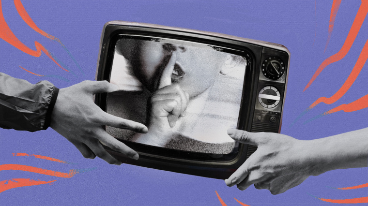Collage-based illustration of parents pulling at opposite corners of a TV with a child's face on it.