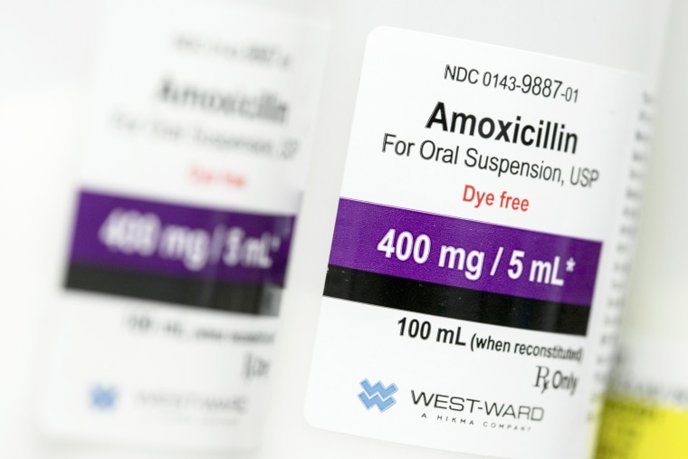 A West-Ward Pharmaceuticals logo is seen on a bottle of Amoxicillin prescription pharmaceuticals photographed in a pharmacy in Remington, Virginia, on February 26, 2019.