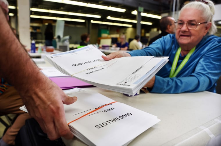 Election workers process vote-by-mail ballots in Santa Ana, Calif., on Oct. 27, 2022. 