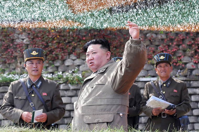 North Korea's leader Kim Jong Un at a large-scale air attack training exercise for the Korean People's Army Air Force on Oct. 8, 2022.