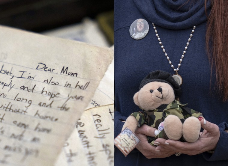 Misti Gossett holds the bear her son gifted to her when he started the army and, at left, a detail from the letters that Joshua Jones sent to his mother while he was in Fort Benning in 2016.
