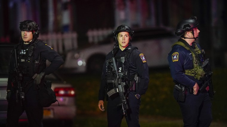 Police at the scene where two officers were shot, in Newark, N.J., on Nov. 1, 2022. 