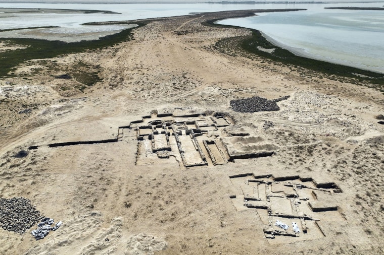 Aerial view of an ancient Christian monastery uncovered on Siniyah Island in Umm al-Quwain, United Arab Emirates, on March 14, 2022.  