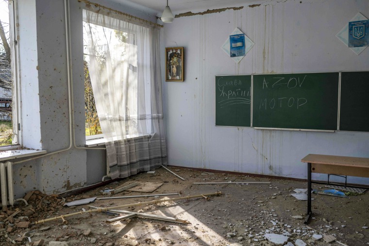 A classroom in the Kherson region village of Arkhanhelske on Nov. 3, 2022.