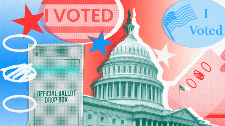 Photo illustration of a ballot drop box, the Capitol in Washington, stars, "I Voted" stickers, and scribbled in ballot bubbles.