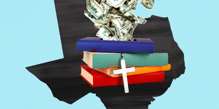 Photo illustration: Money pouring into a pile of books that have a cross hanging between them against the state map of Texas.