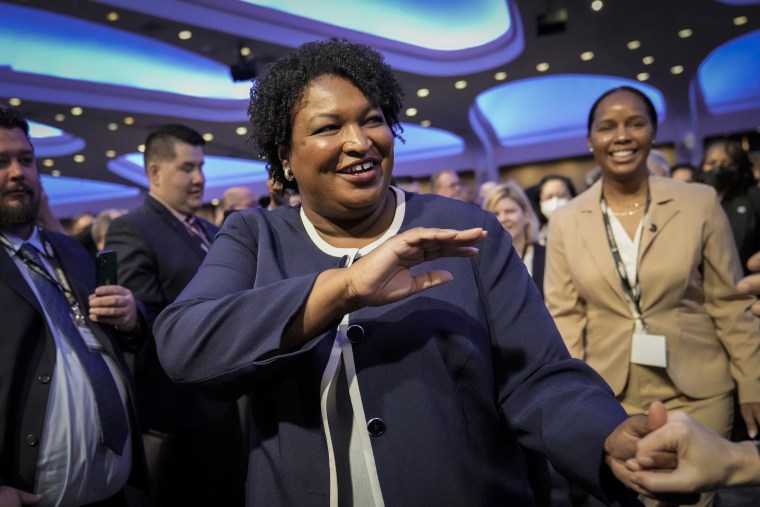 Georgia Democratic gubernatorial candidate Stacey Abrams arrives to speak a conference in Washington on April 6, 2022.