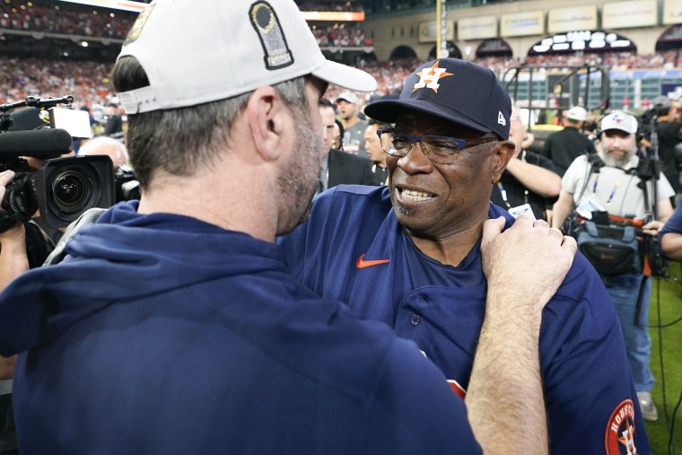 Houston Astros Manager Dusty Baker celebrates their 4-1 World Series win against the Philadelphia Phillies in Game 6 on Saturday, Nov. 5, 2022, in Houston.