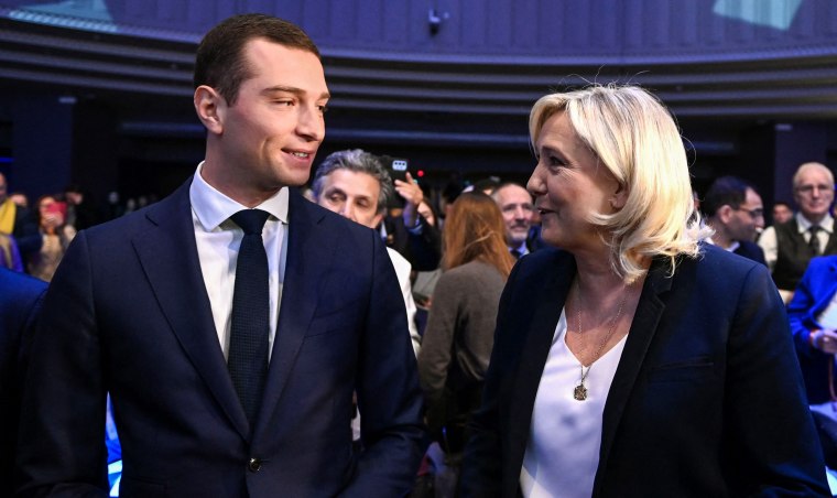 French far-right party Rassemblement National parliamentary group leader Marine Le Pen and MP Jordan Bardella attend the Rassemblement National's congress to elect their president in Paris on Nov. 5, 2022.