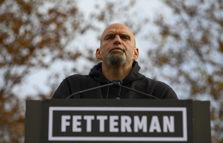 Democratic Pennsylvania Senate nominee John Fetterman speaks to supporters on the campus of the University of Pittsburgh, on November 5, 2022.