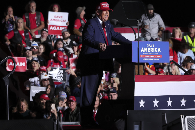 Former President Donald Trump speaks during a rally for Senate candidate Mehmet Oz at the Arnold Palmer Regional Airport November 5, 2022 in Latrobe, Pa. 