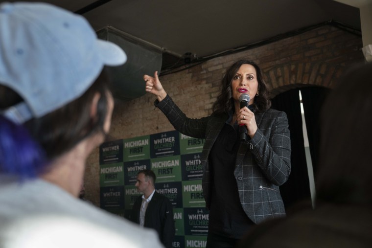 Gretchen Whitmer speaks to supporters at a rally at the Crofoot Ballroom, in Pontiac, Mich.