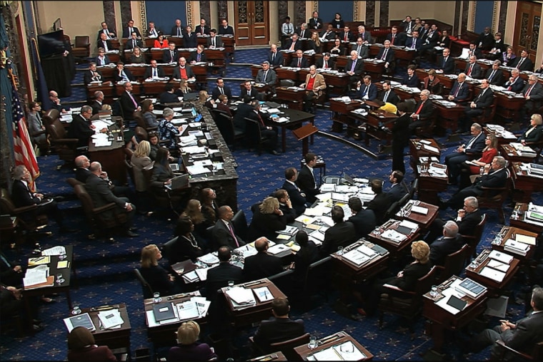 Senators gather for the impeachment trial of President Donald Trump.