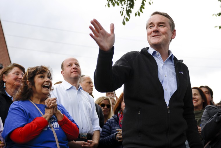 Sen. Michael Bennet (D-CO) speaks to supporters at a rally outside Mountain Toad Brewing on October 26, 2022 in Golden, Colorado. Bennet is campaigning for re-election against Republican Senate candidate Joe O'Dea.