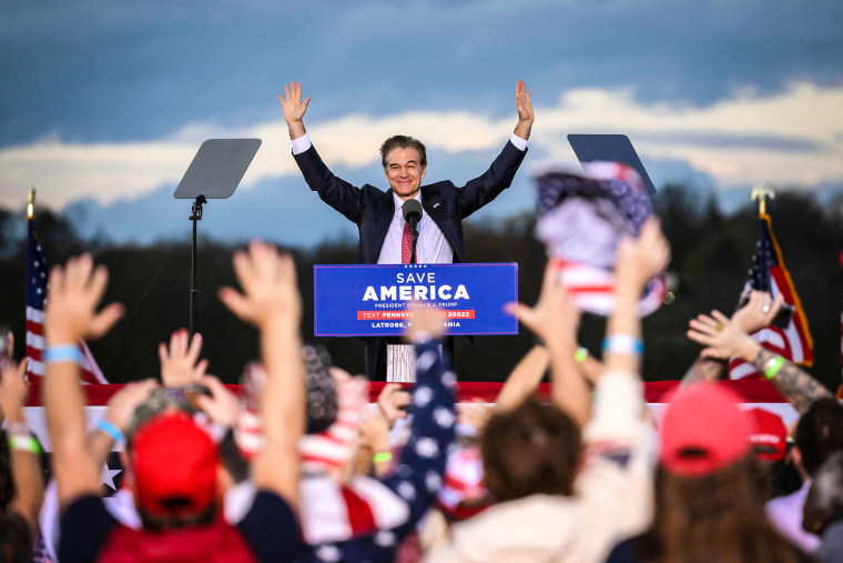 Image: Republican Senatorial candidate for Pennsylvania Mehmet Oz speaks during a "Save America" rally ahead of the midterm elections in Latrobe, Pa., on Nov. 5, 2022.